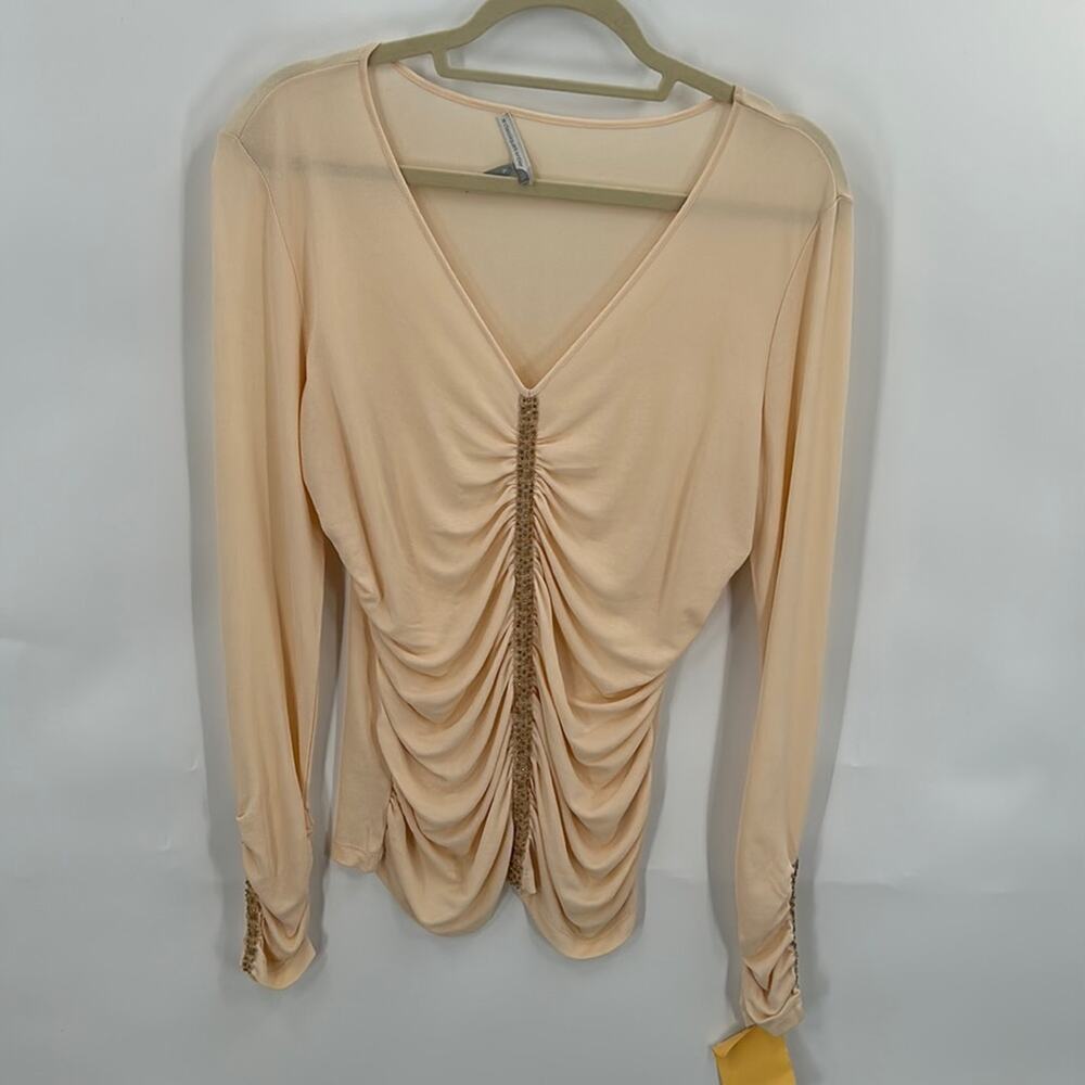 Classiques Women's Beige NWT Long Sleeve Silk Beaded Blouse Top Size XL